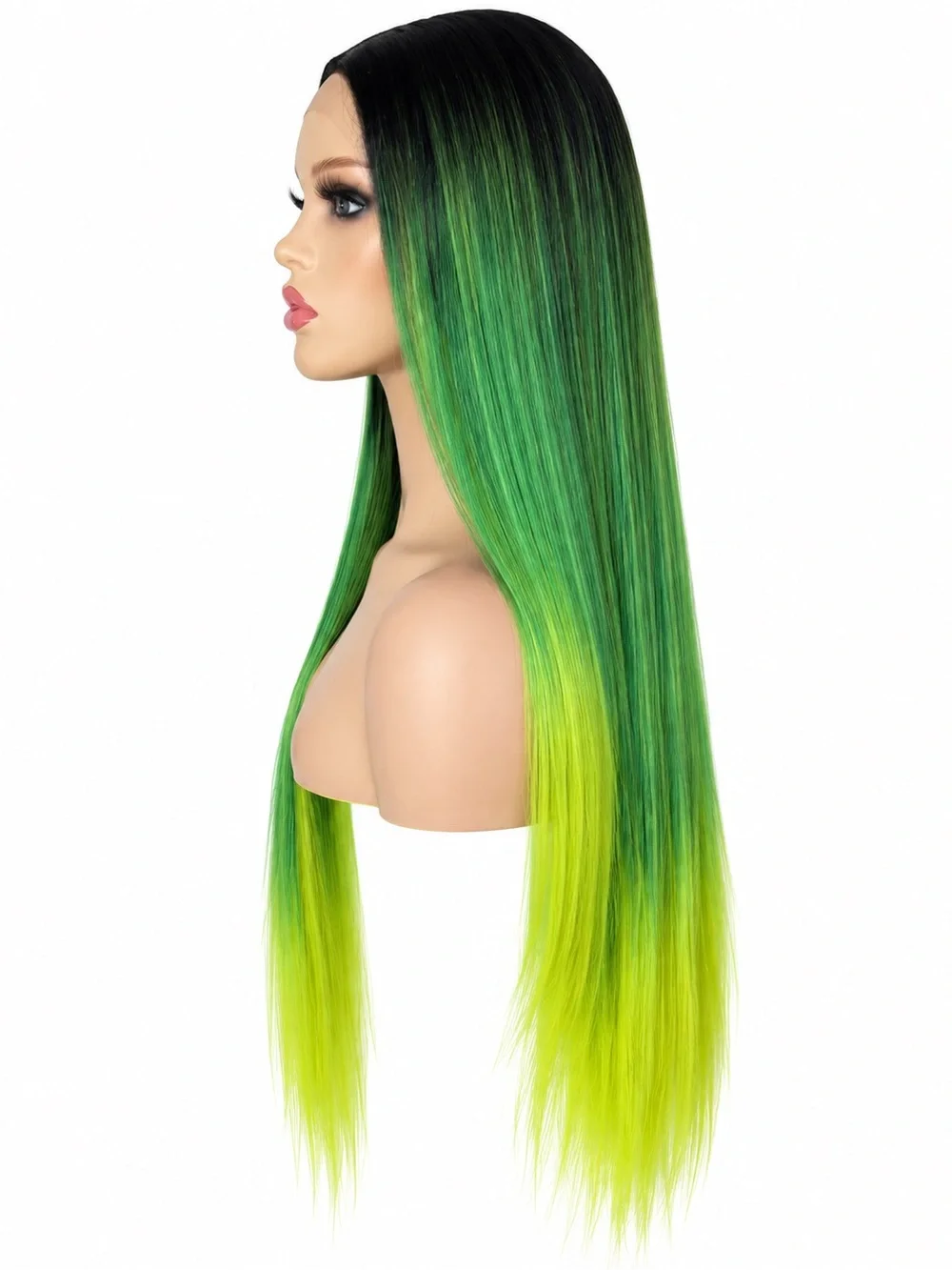 Vibrant Green Ombre Long Straight Women’s Wig middle part 26 inches long
